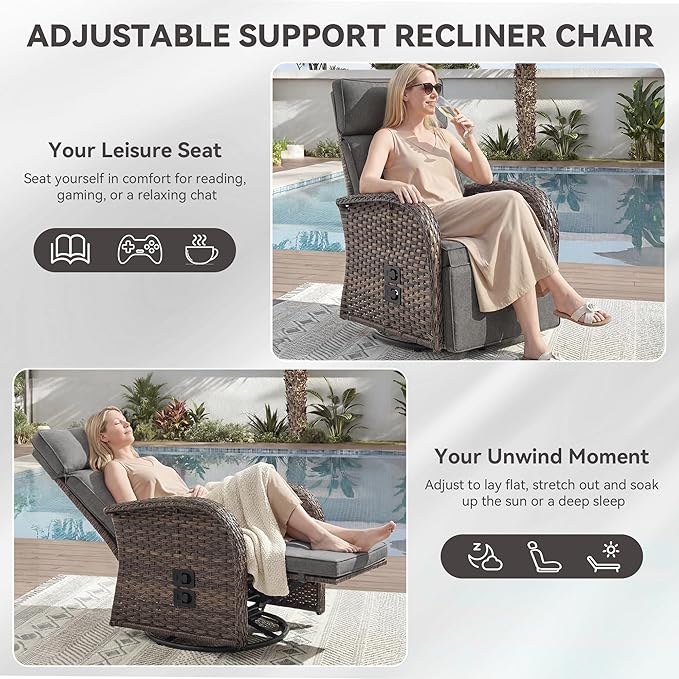3 Pieces Zero Gravity Patio Swivel Rocking Recliner Chairs Set of 2 - Wicker Outdoor Lounge Chair with Side Table, Adjustable Backrest & Footrest, High Back Outdoor Recliner Chair for Pool Deck Gray