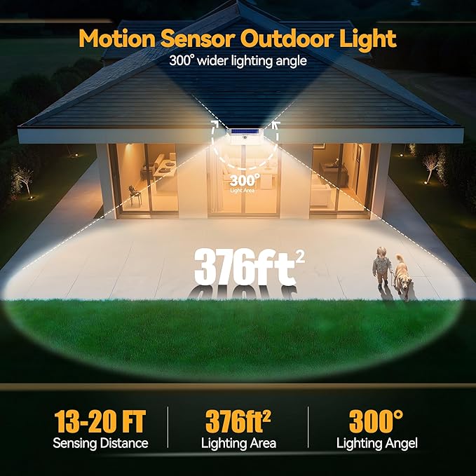 TECKNET 461 LED Solar Powered Outdoor Lights, 270° Angle & 3 Lighting Modes Motion Sensor Light Outdoor, Security Solar Lights Waterproof - 2 Pack, White Color & Warm Light