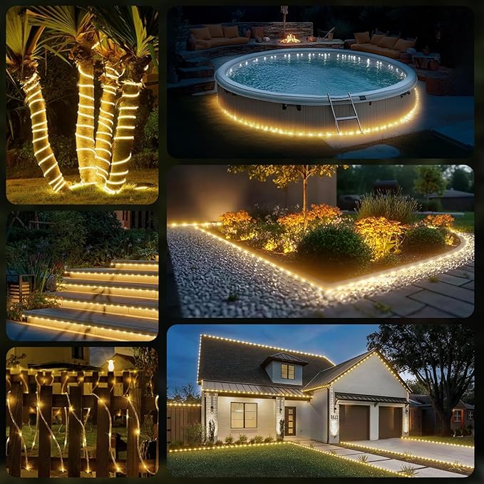 100FT 720 LED Rope Lights Outdoor Waterproof with Remote, 8 Modes and 4 Brightness, Rope Lights for Outside, Bedroom, Patio, Garden, Christmas Lights Indoor Outdoor Decoration (Warm White)