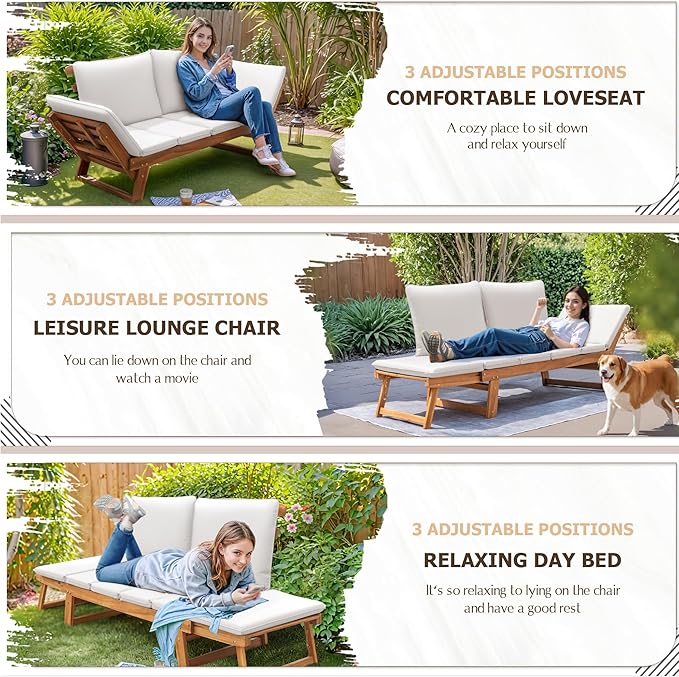 Devoko Outdoor Couch Acacia Wood Patio Couch with Adjustable Armrests, Outdoor Convertible Sofa with Removable Cushions & Pillows for Patio, Porch, Poolside(White)