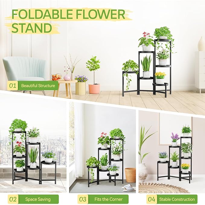 iDavosic.ly Plant Stand Indoor Outdoor, 6 Tier Corner Metal Flower Display Holder Shelf, Easy Assembly Folding Tall Orchid Rack for Patio Balcony Porch Garden Living Room House, Black