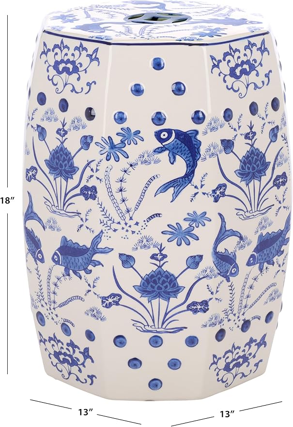Safavieh Castle Gardens Collection Glazed Ceramic Blue Cloud 9 Chinoiserie Garden Stool