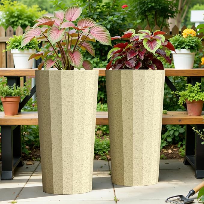 23.6" H Tall Planters for Outdoor Plants, 2 Pack Large Outdoor Planters for Porch Decor with Automatic Drainage Hole, Plastic Stripe Design Flower Pots Fits Indoor Plants Patio Garden, Black