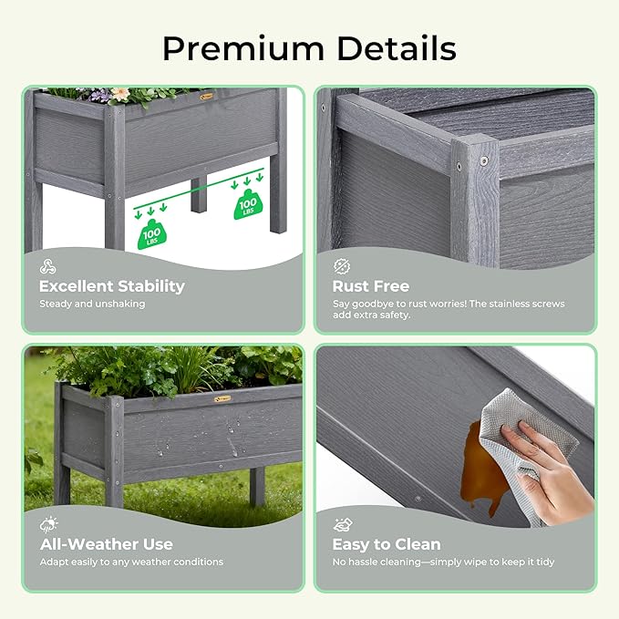 TT Nature HDPE Raised Garden Bed with Legs, Outdoor Elevated Planter Box for Vegetables, Herbs & Flowers, Weather-Resistant Raised Garden Beds for Patio, Balcony & Backyard Gardening
