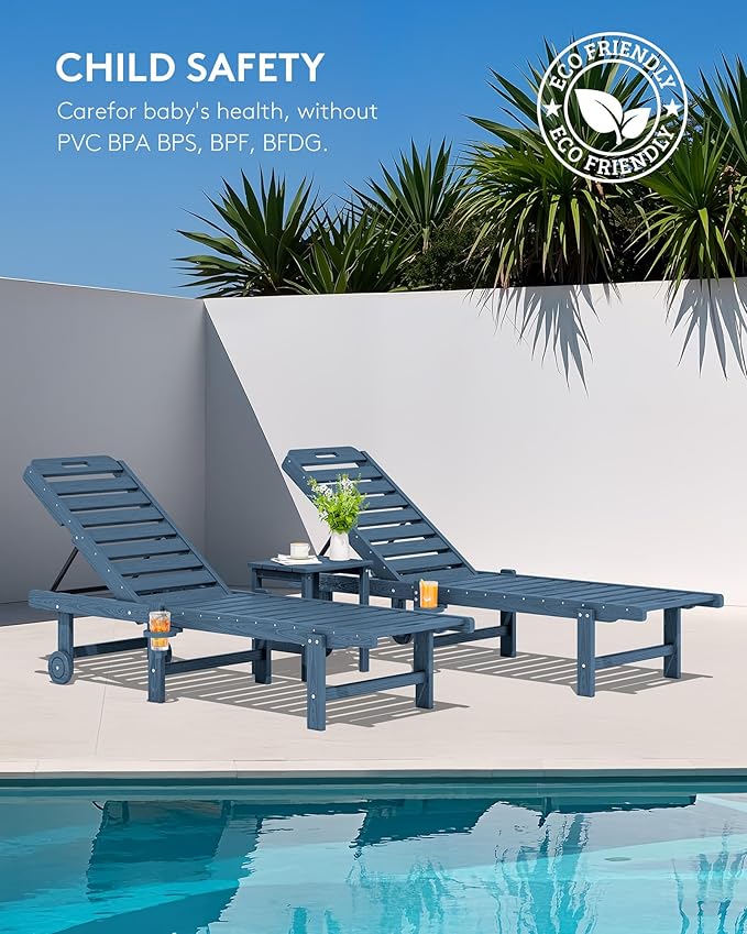 SERWALL Outdoor Chaise Lounge Set of 6, HDPE Pool Lounge Chair with 5-Position Adjustable Backrest, Patio Lounger with Rolling Wheels & Cup Holder for Pool, Navy