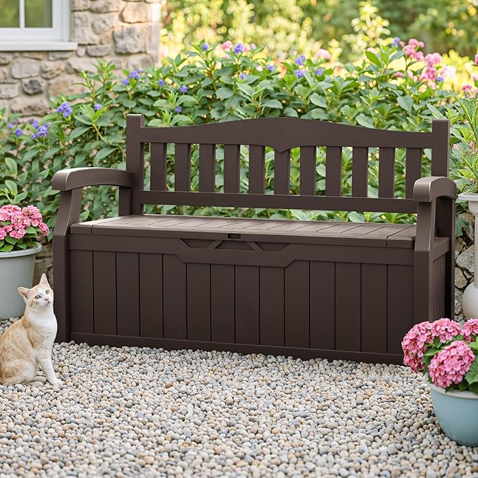Homall 75 Gallon Outdoor Storage Benches Lockable Deck Box with Waterproof and UV Resistant, Waterproof Storage Box for Patio Furniture, Tools, Cushions (Brown)