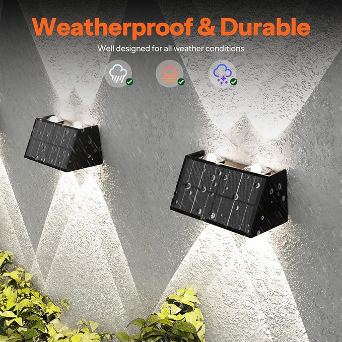 8-Pack Solar Fence Lights, Up & Down Lighting, 50LM/25LM 4 Modes (3000K/6500K), IP65 Waterproof, 1200mAh Battery, Screw/Adhesive Mount for Garden Wall Path Deck