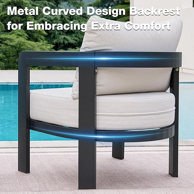Outdoor Furniture Set, 2Pcs Patio Armchairs, Metal Modern Outside Furniture with 6'' Thick Cushions, Outdoor Conversation Set Balcony Chairs for Backyard, Porch,Deck, White