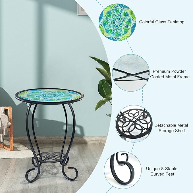 LIFFY Mosaic Outdoor Side Table, 14" Round Flower Patio Side Table, Mosaic Plant Stand, End Table W/Storage Shelf, Small Bistro Coffee Table for Garden Yard Porch Living Room