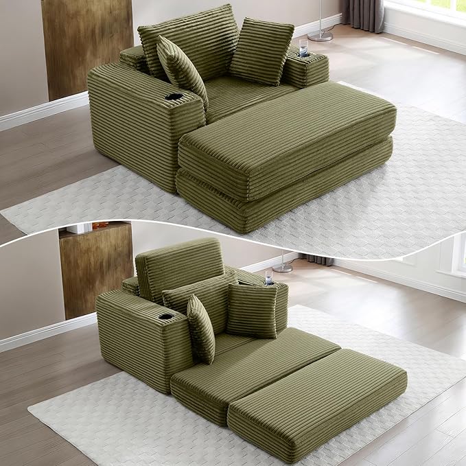 HANXIN 62" Chaise Lounge Chair Indoor, Oversized Corduroy Boneless Convertible Chaise Lounge Couch Sleeper Chair with Ottoman, Deep Seat Reading Chair, No Assembly Required (Green)