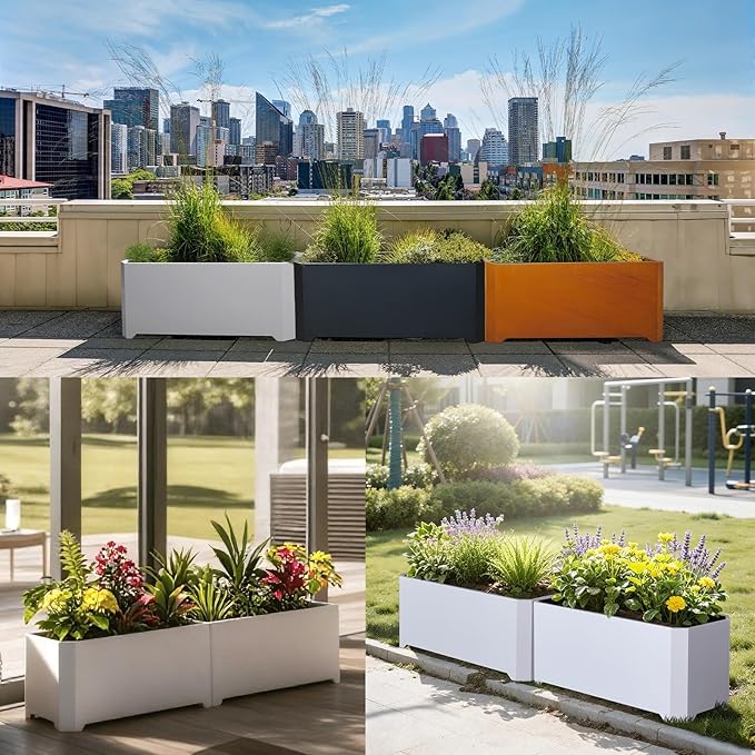 Steel Planter Box-36"x15"x15"-Large Rectangular Planters for Outdoor Plants, White Matel Planter Box Raised Support Feet for Patio, Deck, Garden, Yard, Drain Holes, Easy Assembly