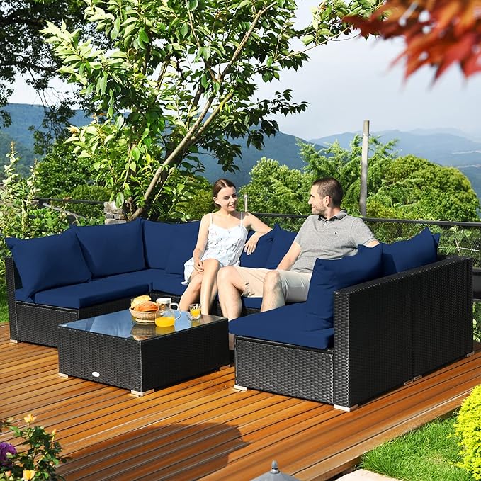 Tangkula 7-Piece Patio Furniture Set, Outdoor Sectional Wicker Sofa with Pillows and Cushions, Conversation Set with Coffee Table & Tea Table for Garden, Lawn (Navy Blue)
