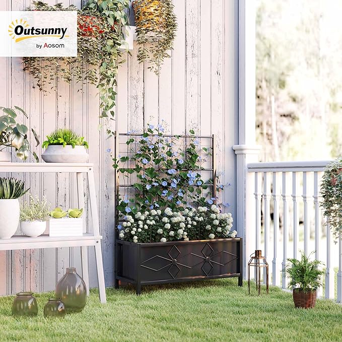 Outsunny Planter Box with Trellis, 35.4 x 15.7 x 47.2 inch Raised Garden Bed with Drainage Holes, Planters for Outdoor Plants, Vegetables, Flowers, Herbs, Trellis Planter, Black