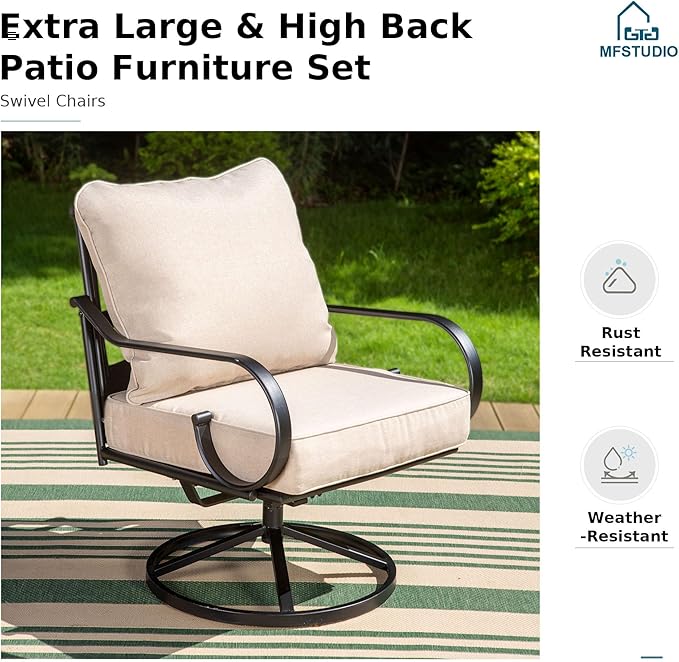 MFSTUDIO 7 Seats Large Metal Patio Conversation Sets, 5 Pieces Outdoor Furniture Sofa with 2 Swivel Chairs, 1 Sofa(3-seat), 1 Loveseat and Table for Outside Balcony Backyard Poolside