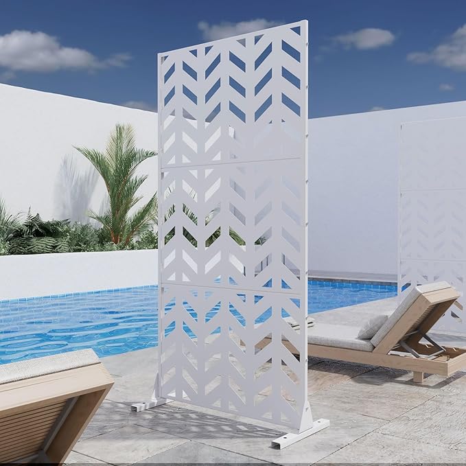 Casaphoria Metal Privacy Screen Outdoor, 72" H x 35" W Freestanding Decorative Privacy Screen for Patio Deck Balcony Garden with Stable Base, White-Keith