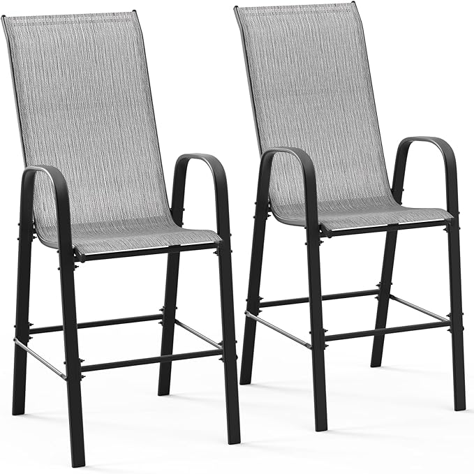 VINGLI Set of 2 Stackable Outdoor Bar Stools – Sling Chairs with High Back & Armrests, for Lawn, Garden, Bar, Grey