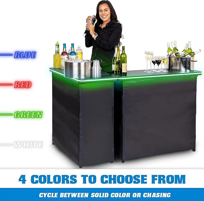 GoBar Portable Double Bar Table Set with Multi-Color LED Lights - Mobile Bartender Station for Events - Includes Carrying Case