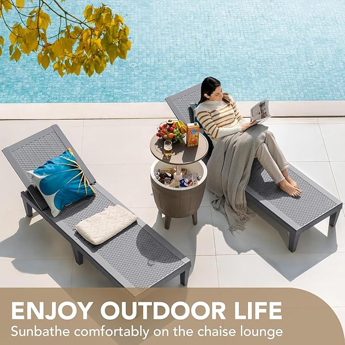 Devoko Outdoor Chaise Lounge Chair Set of 2 for Outside Pool Patio, Adjustable Waterproof Easy Assembly Chaise Lounge Outdoor (Light Grey, Set of 2)