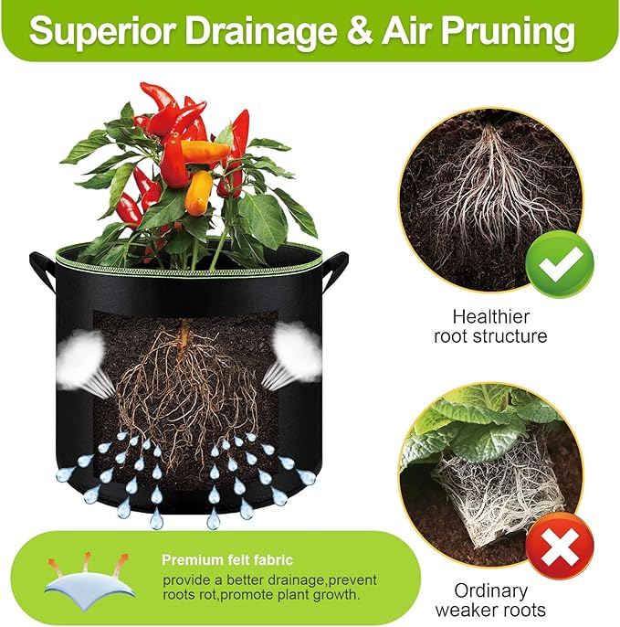 6-Pack 5 Gallon Grow Bags - 300G Heavy Duty Aeration Fabric Pots with Handles,Thickened Nonwoven Planter Bags for Vegetables Flowers Fruits