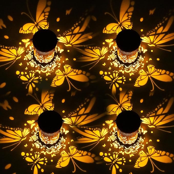 4 Pack Butterfly Birthday Gifts for Women Mom Grandma Solar Lanterns Outdoor Waterproof Garden Decor Hanging LED Decorative Light for Patio Yard Lawn Gardening Gifts