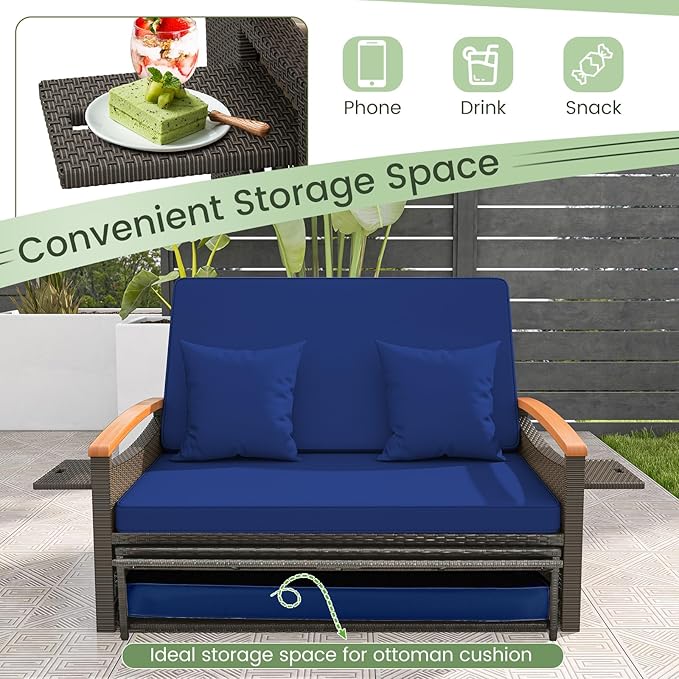 Tangkula Patio Rattan Daybed with 4-Level Adjustable Backrest, Outdoor Wicker Loveseat with Acacia Wood Armrest, Storage Ottoman & Folding Tray, Double Sunbed for Balcony, Backyard & Poolside (Navy)