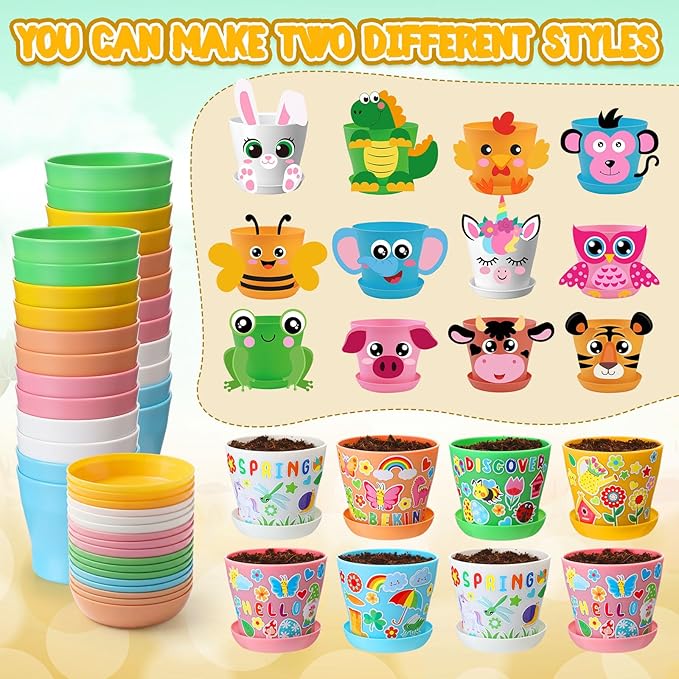 Capoda 24 Sets Garden Flower Pots Crafts Kit DIY Spring Plastic Seedling Nursery Pots with Stickers Plant Labels Growth Charts Planting Growing Tools Classroom Activities Project Gifts (Colorful)