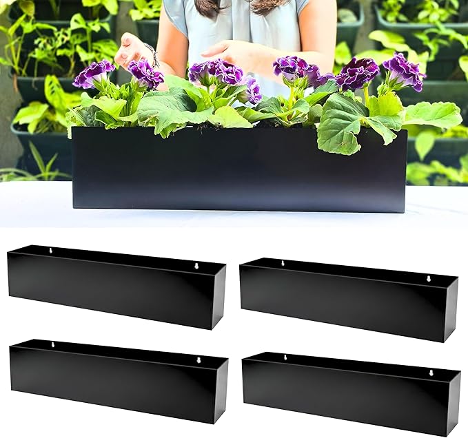 LaLaGreen Wall Planters for Outdoor (24 Inch, 4 Pack) Carbon Steel Black Metal Hanging Flower Pot for Succulents, Wall Mount Rectangular Window Sill Box Fence Floating Garden Shelf Deck Indoor Decor