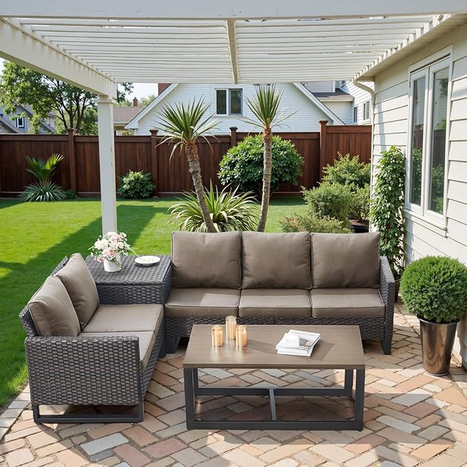 Belord 5-Seater Patio Conversation Set - 4 Piece Outdoor Sectional Furniture Set with Large Storage Box and Coffee Table Outdoor Patio Furniture Set for Garden Poolside Backyard Brown