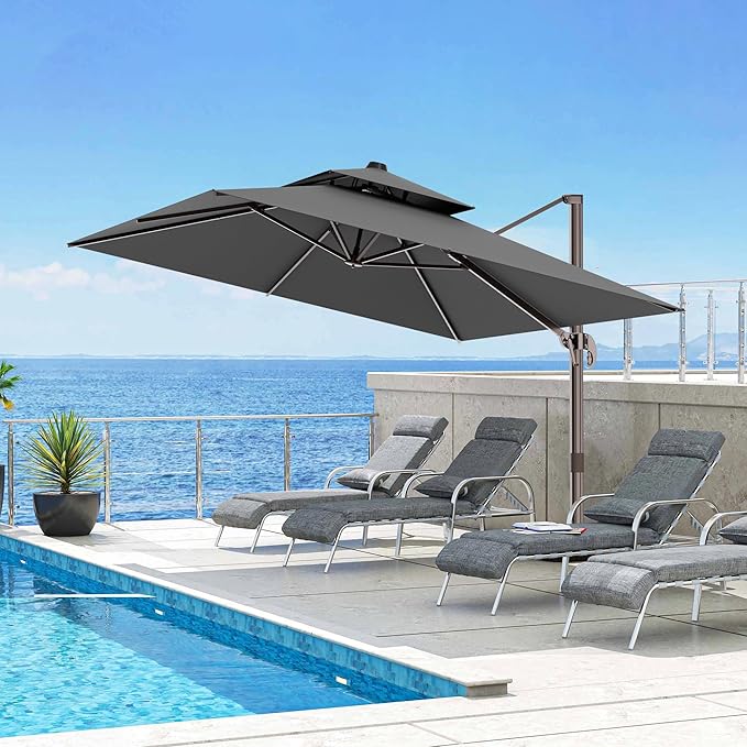 10x13FT Cantilever Outdoor Patio Umbrellas, Double Top Large Rectangle Umbrella, Heavy Duty 360° Rotation Offset Outdoor Sun Shade Umbrella for Garden Deck Pool Backyard Patio, Grey