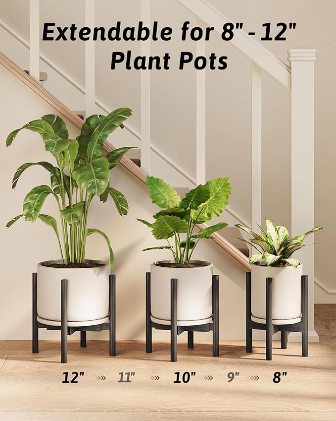 Adjustable Plant Stand Indoor, Bamboo Plant Stand Fits 8 9 10 11 12 Inches, Small Corner Planter Holder for Indoor Plants, Single Floor Plant Stands for Living Room Balcony, Pure Black