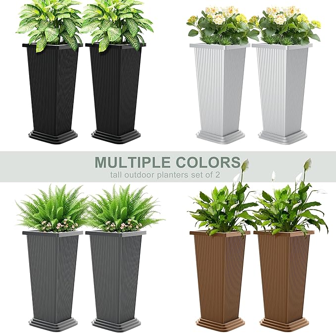Set of 2 Large Planters for Outdoor Plants 24" Tall Tapered Modern Flower Pots with Drainage Tray for Garden, Patio, Porch (Brown Ribbed)
