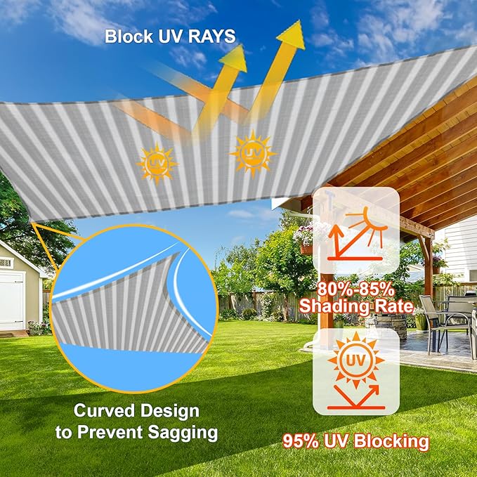 SUNLAX Sun Shade Sail 8' x 12' Grey&White Rectangle Canopy Sail Shade Cover UV Block Permeable Sunshade Outdoor for Patio Backyard (We Make Custom Size)