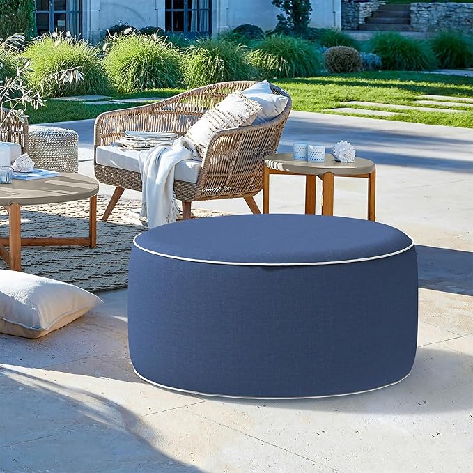 LVTXIII Inflatable Stool Ottoman Footrest with Handle, All Weather Footrest Seat, Indoor or Outdoor Pouf for Home Patio Garden and Camping Use, D31 xH14, Large Round, Navy Textured