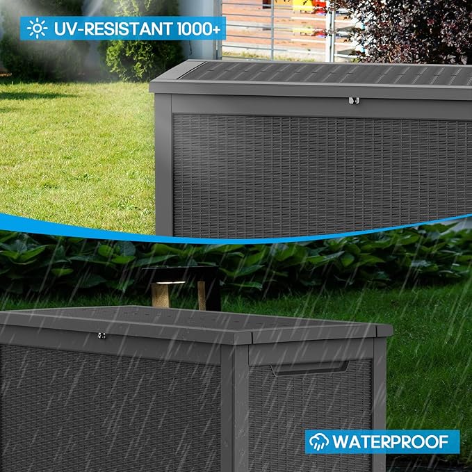 ROJIK Outdoor Storage Housing Deck Box - Waterproof Patio Furniture, Garden Tools, Cushions, Pool Accessories Storage Bench with Lockable Lid and Side Handles (Black, 315 Gal)