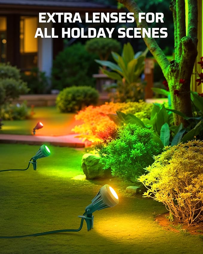 DEWENWILS 120V Spotlight Outdoor, 500LM Waterproof LED Spot Light with 3 Extra Lenses (Red Yellow Green), Landscape Lighting for Holiday, Trees, Flag, 5FT Extension Cord, UL Listed