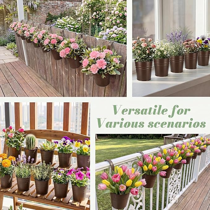 HowRU Hanging Flower Pots, Railing Planter Box for Outdoor Plants 12 Pack 5 Inch Metal Hanging Planters with Detachable Hooks Balcony Window Fence Garden Decoration Flower Boxes(Bronze(5in))