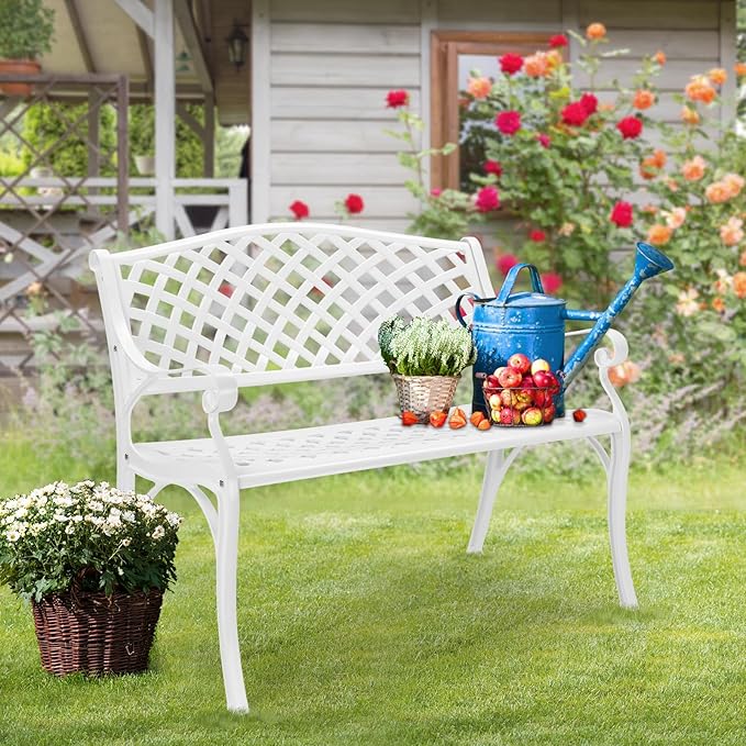 VINGLI 40.5" Patio Garden Bench,Anti- Rust Cast Iron Cast Aluminum Frame for Outdoor Path Yard Lawn Work Entryway Decor Deck (White)