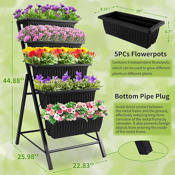 Homdox 3.74FT Vertical Garden Bed, 5 Tiers Vertical Raised Garden Planter, 23 * 26 * 45Inch Outdoor Garden Raised Bed with 4 Hooks, Vegetable Flower Planter Raised Stand for Garden Patio Yard, Black