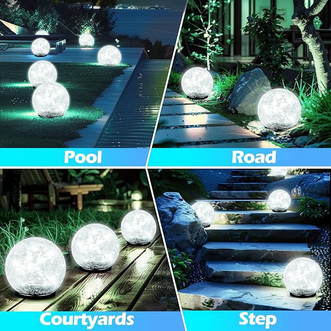 Coroor Garden Solar Ball Lights Outdoor Waterproof, 50 LED Cracked Glass Globe Power Ground for Path Yard Patio Lawn, Outdoor Decoration Landscape White (2 Pack 4.7'')