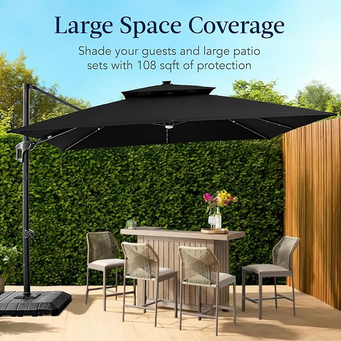 Best Choice Products 9x12ft LED Cantilever Patio Umbrella w/Base Included & 360° Rotation, Large Solar Offset Hanging Outdoor Sun Shade for Deck, Backyard Table w/Stand & Lights – Black