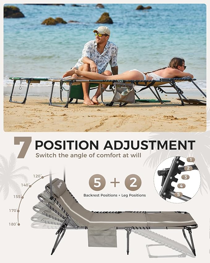 KingCamp Tanning Chair with Face Hole, Lounge Chairs Outdoor Folding Comfy Adjustable 5-Position Foldable Chaise Chaser with Canopy Shade for Outside Beach Patio Sun Bathing Pool, Beige/White