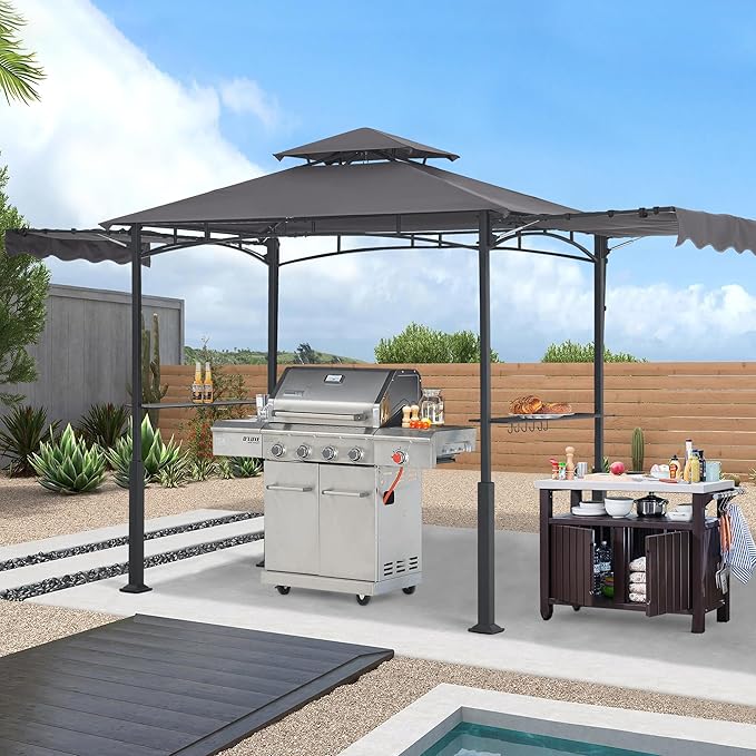 ABCCANOPY Grill Gazebo with 2 Side Awnings - 14x5 Outdoor BBQ Canopy Shelter with 2 Led Lights for Patio Backyard Grilling (Dark Gray)
