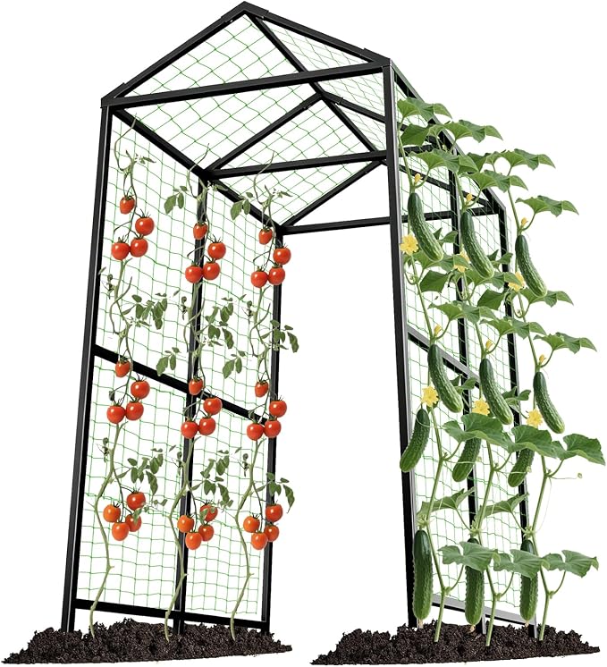 Metal Garden Arch Trellis for Climbing Plants Outdoor, 7.1FT Extra Tall Cucumber Trellis for Raised Bed, Plant Trellis for Vegetable Fruit Flower Vine（Black）