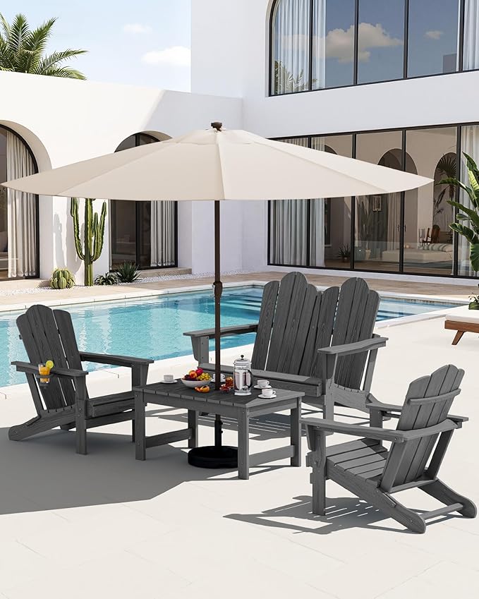 SERWALL Outdoor Coffee Table with 9FT Umbrella, HDPE Patio Coffee Table for Outside, Rectangle, Gray(Not Include Umbrella Base)