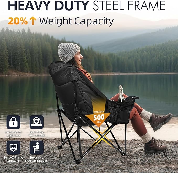 Oversized Camping Chair for Adults - Heavy Duty Outdoor Padded Large Lawn Camp Chair with Cup Holder Cooler Pockets for Sports Beach Fishing Garden Portable Supports 500lbs, AllBlack 2 Pack