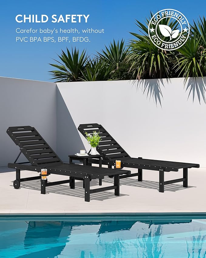 SERWALL Outdoor Chaise Lounge Set of 6, HDPE Pool Lounge Chair with 5-Position Adjustable Backrest, Patio Lounger with Rolling Wheels & Cup Holder for Pool, Black