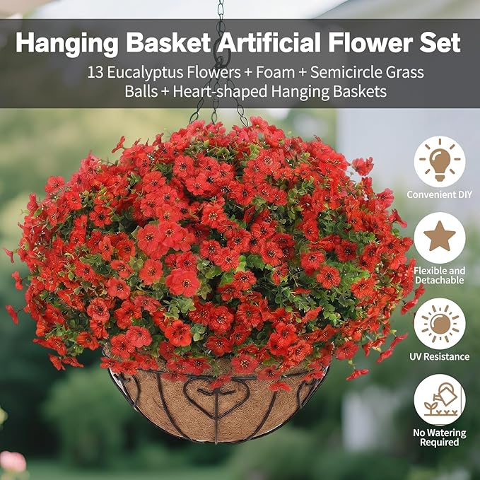 Artificial Hanging Flower for Outdoors, Fake Hanging Basket for Outside,1 Hanging Basket with 13 Pcs Faux Silk Flowers for Porch, Balcony and Patio Decor(Red)