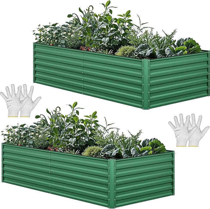 YITAHOME 6x3x2 ft 2pcs Galvanized Raised Garden Bed Kit, Large Metal Planter Box with Gloves & Support Rod, Outdoor Flower Bed for Plants Vegetables, Green