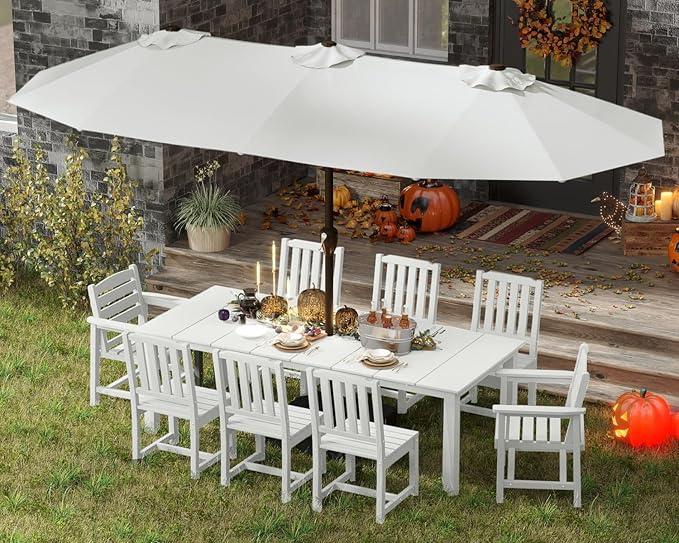 9-Piece White Outdoor Dining Set with White 15FT Large Patio Umbrella, 75.2'' HDPE Table & Chairs for 8, Weather-Resistant Furniture with Umbrella Hole for Patio, Lawn, Poolside