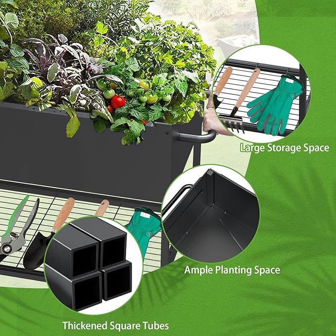 51 × 26 × 31.5 Inches Raised Garden Bed with Legs/Storage Shelf, Mobile Planter Box for Outdoor Plants, Elevated Garden Bed for Backyard, Balcony, Black